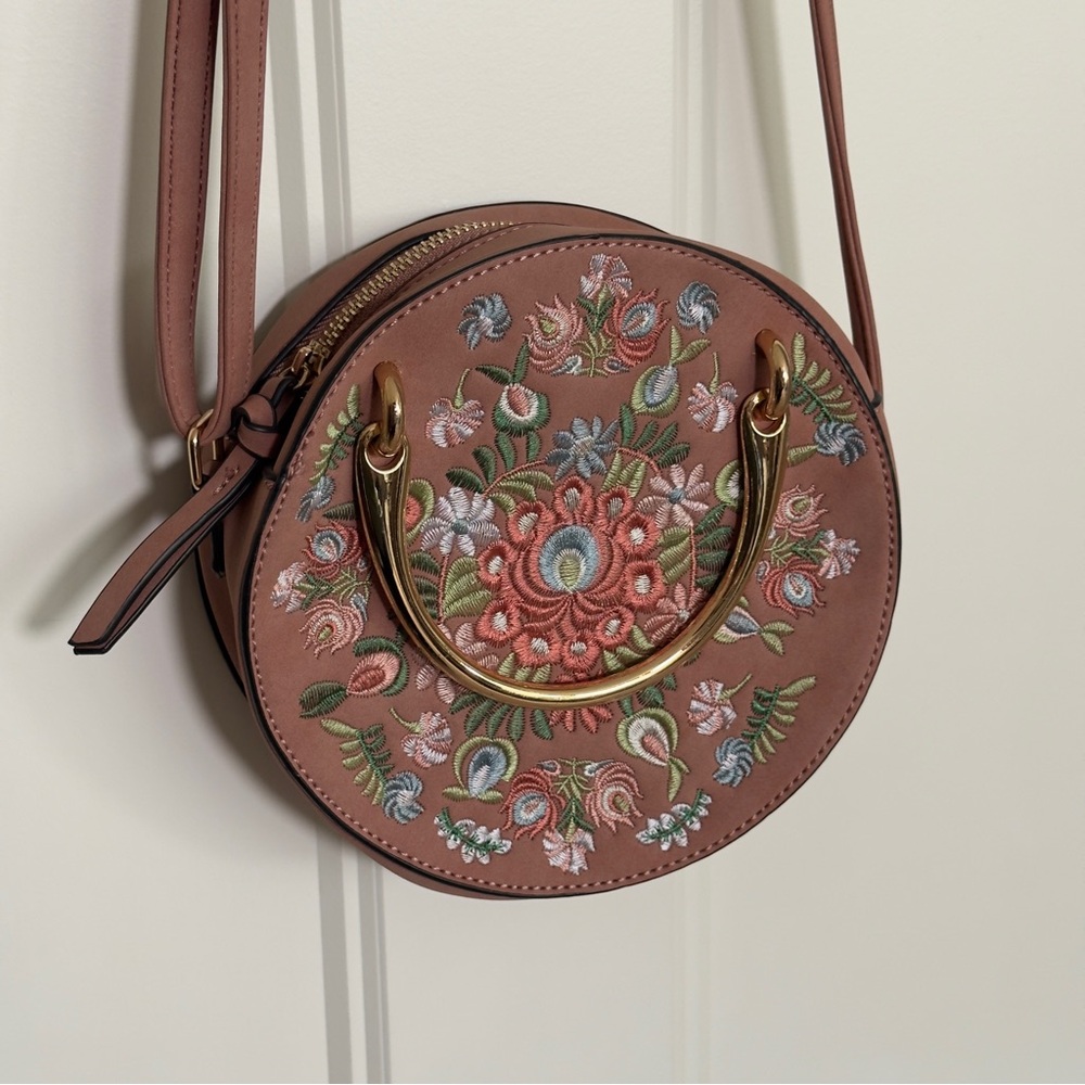 Embroidered Floral Round Crossbody Bag